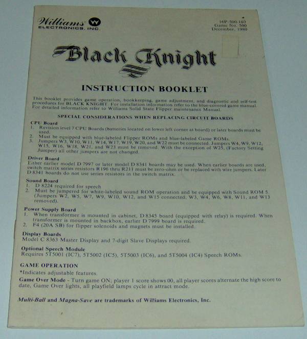 (image for) Williams Black Knight Operator's Instruction Booklet